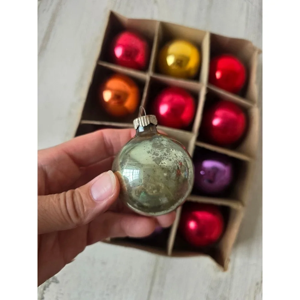 Vintage shiny Brite solid mercury glass ornament set box purple orange pink red